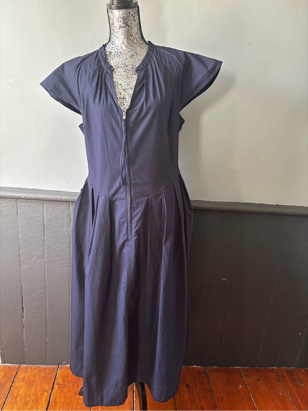 Classic Navy Midi Dress with Front Zip and Pockets